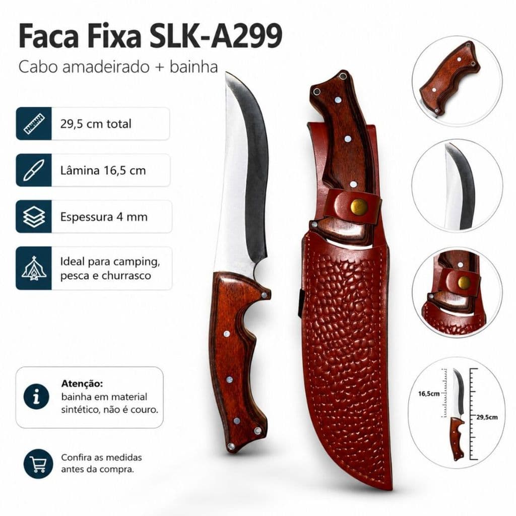 Faca Camping Pesca SLK-A299 29,5cm Cabo Madeira com Bainha