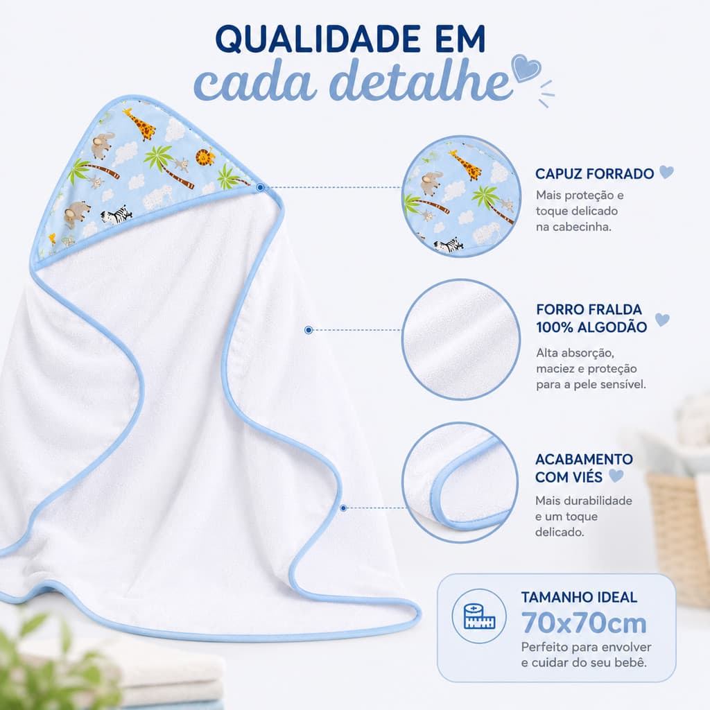 Toalha de Banho Bebê com Capuz Safari 70x70cm Forro Fralda 100% Algodão Enxoval Infantil