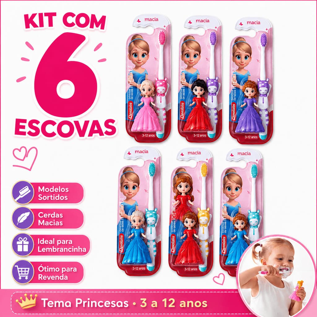 Kit 6 Escovas de Dente Infantil Princesas Sortidas Cerdas Macias Lembrancinha Festa Revenda