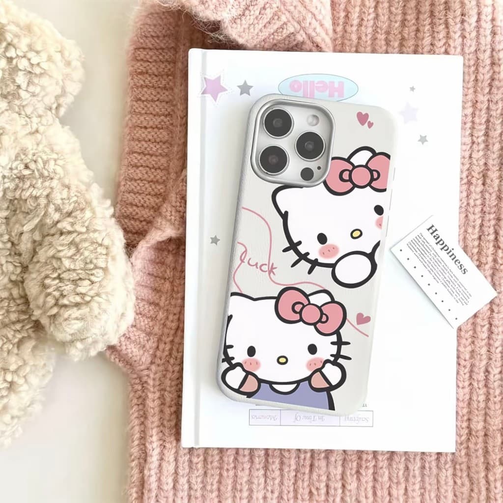 Capinha para iPhone 17/16/15/14/13/12 Pro Max Capa cartoon simples hello kitty textura couro com corações várias cores