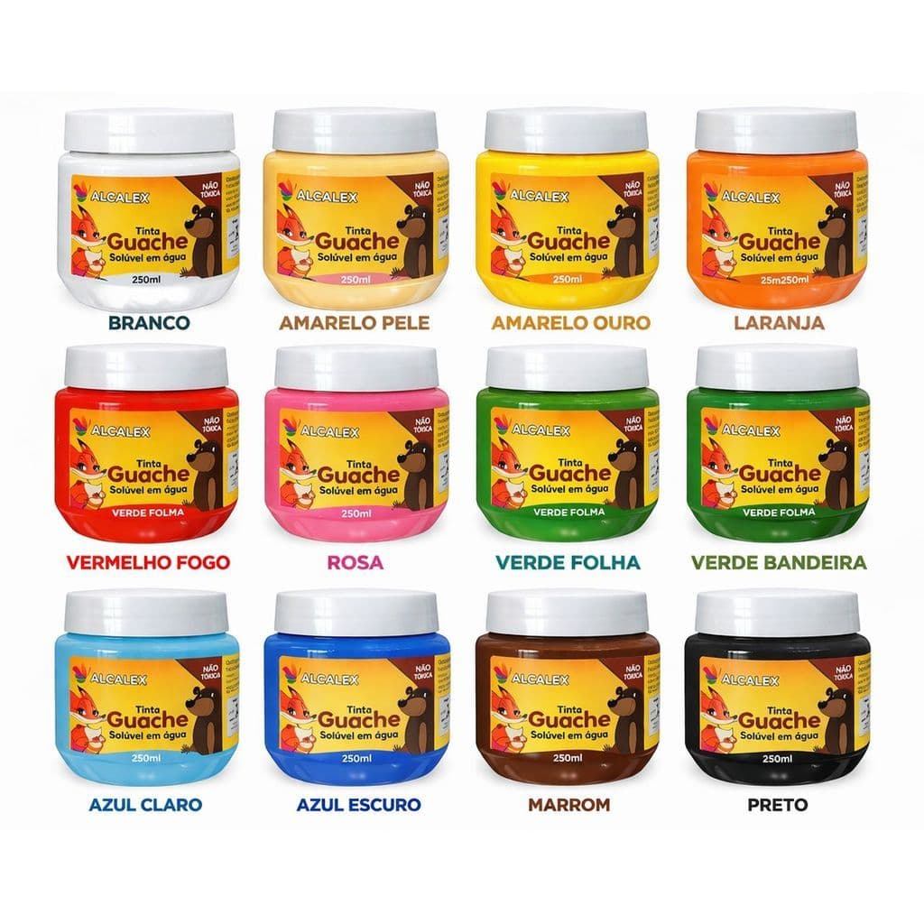 Tinta Guache 250ml Alcalex Não Tóxica Escolar – Cores Variadas Alta Qualidade