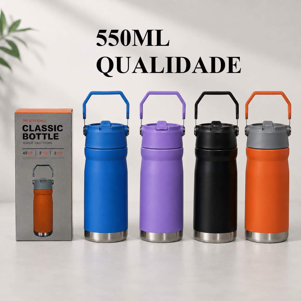 Garrafa Térmica Aço inox 550ml Parede Dupla com Canudo Flip, Alça Portátil SUPER MARAVILHA
