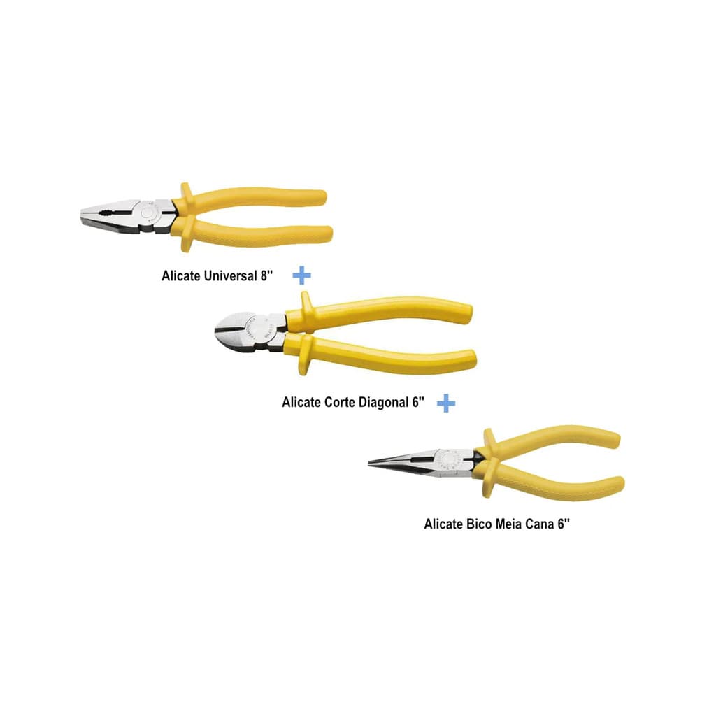 Alicate Universal 8'' Isolado + Alicate Corte Diagonal 6'' Isolado + Alicate Bico Meia Cana 6'' Isolado - TRAMONTINA