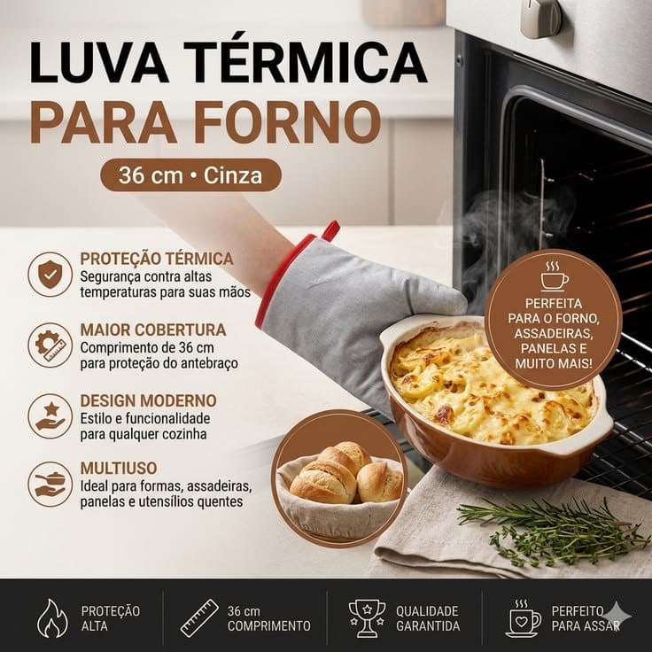 Luva Térmica de Poliéster Cano Longo 36cm Para Forno Cinza