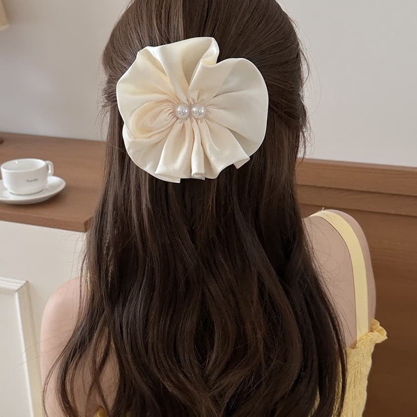 Presilha de cabelo estilo coreano, requintada, plissada, feita de cetim, adornada com pérolas e padrões florais circular