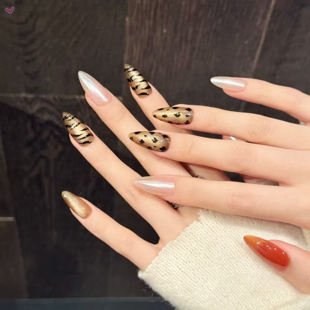 10 Peças De Unhas Postiças Com Glitter Olho De Gato Estampa De Leopardo-Efeito Brilhante Para Salão De Beleza