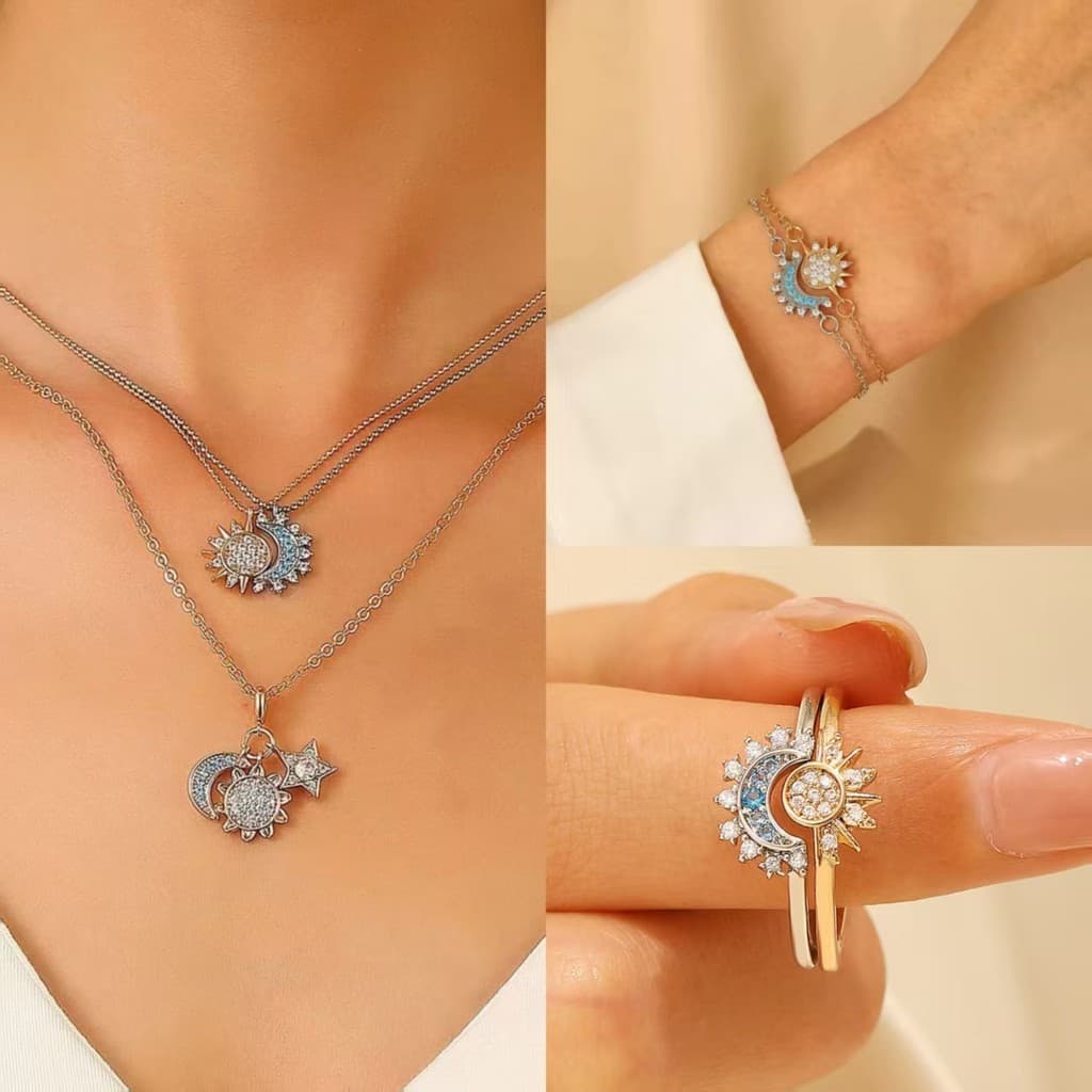 Conjunto de Joias para Casal Sol e Lua Sobrepostos Estilo Ins Cravejado Colar Pulseira Anel Fino