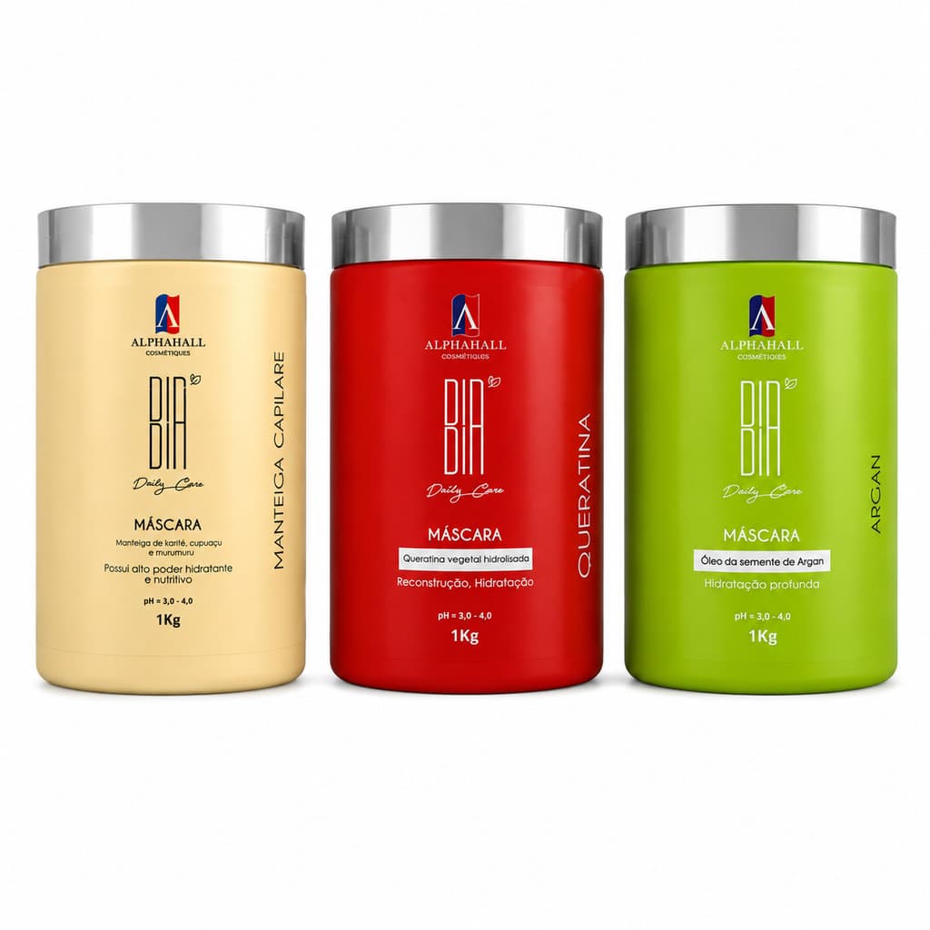 Kit 3 Mascaras Capilares 1kg Alphahall Manteiga Capilar Queratina e Argan Cronograma Capilar Completo