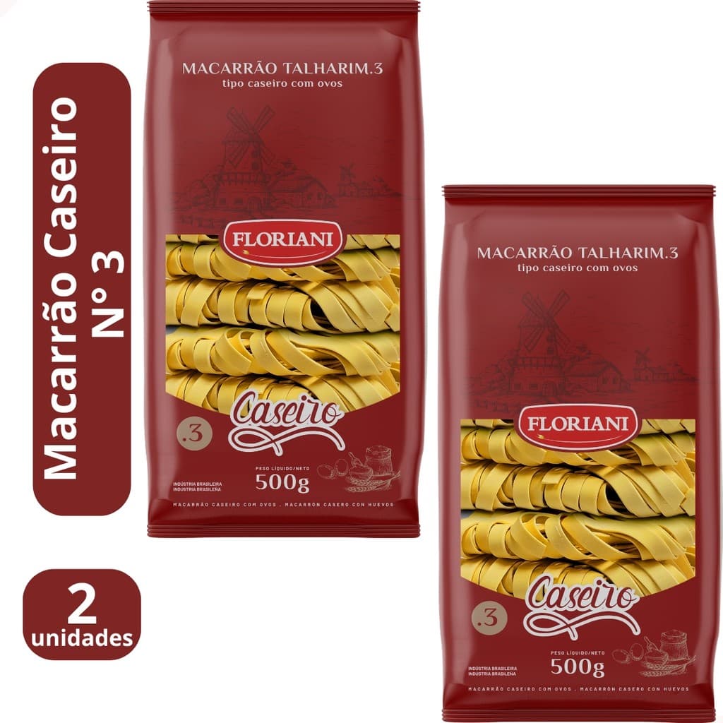 KIT 2 - Macarrão Caseiro Talharim Com Ovos 500g Numero 3 Massa Caseira Gourmet Pasta Floriani