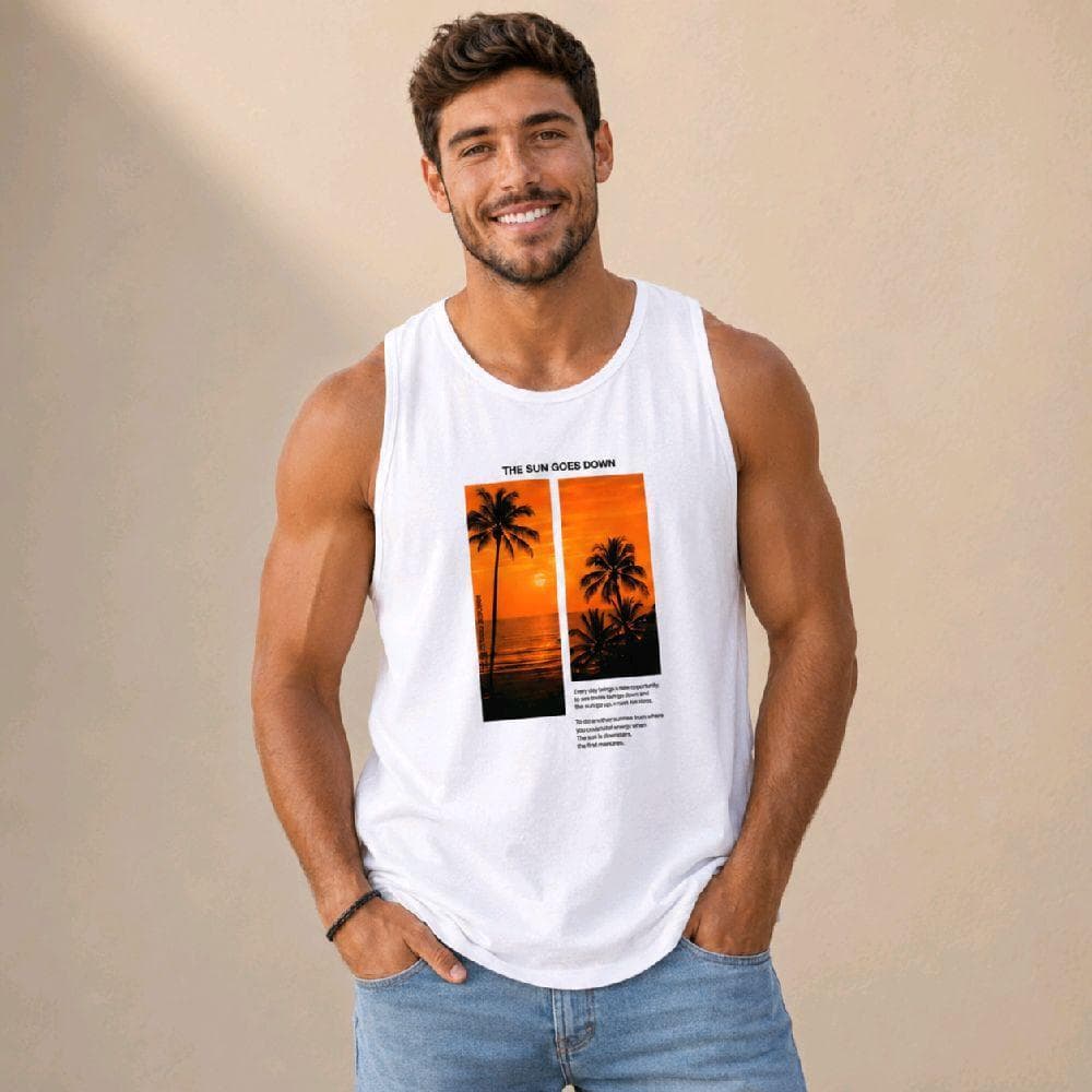 Regata Masculina 100% Algodão com Estampa de Pôr do Sol e Palmeiras para Estilo Casual