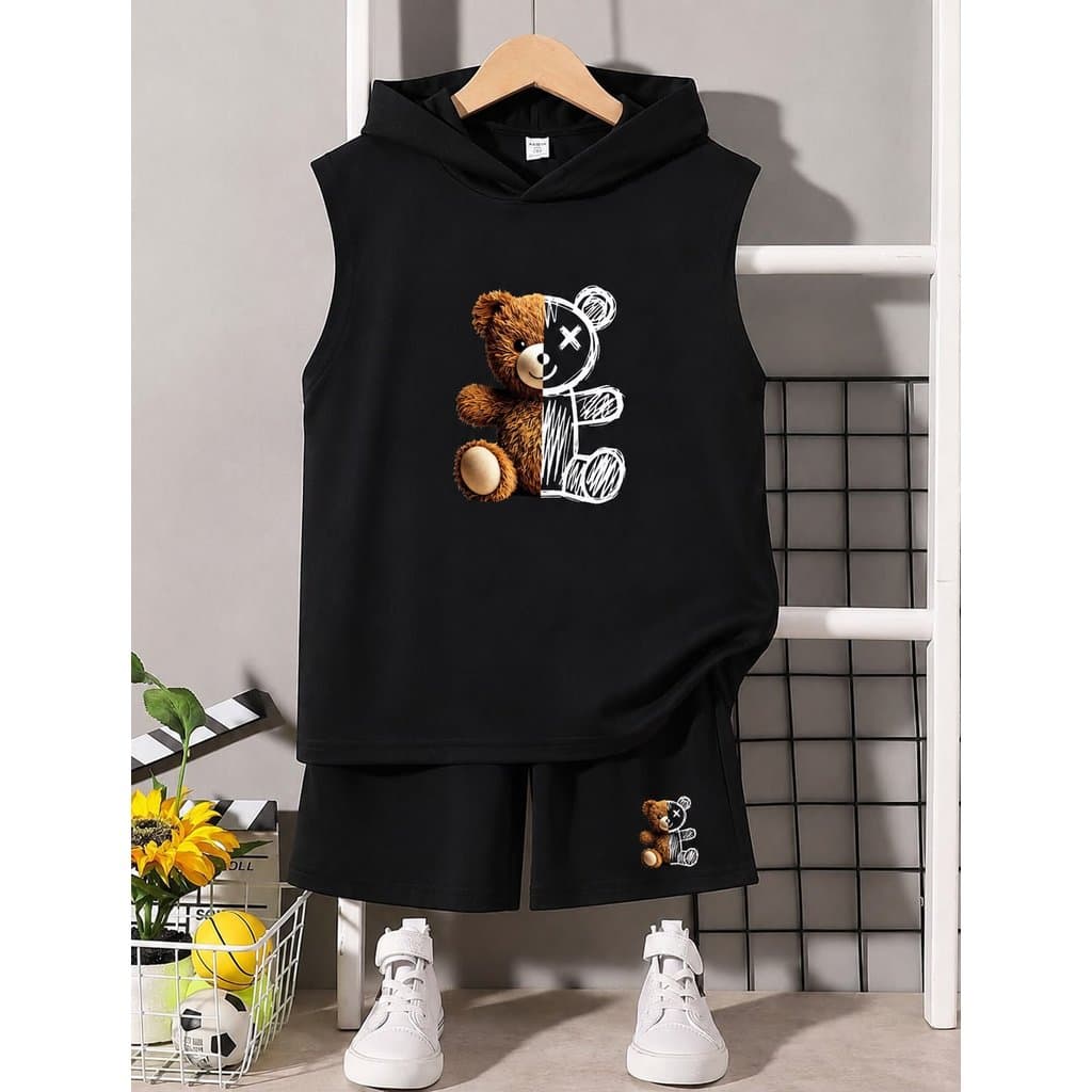 Conjunto Infantil Menino short e regata capuz algodão estampa urso metade