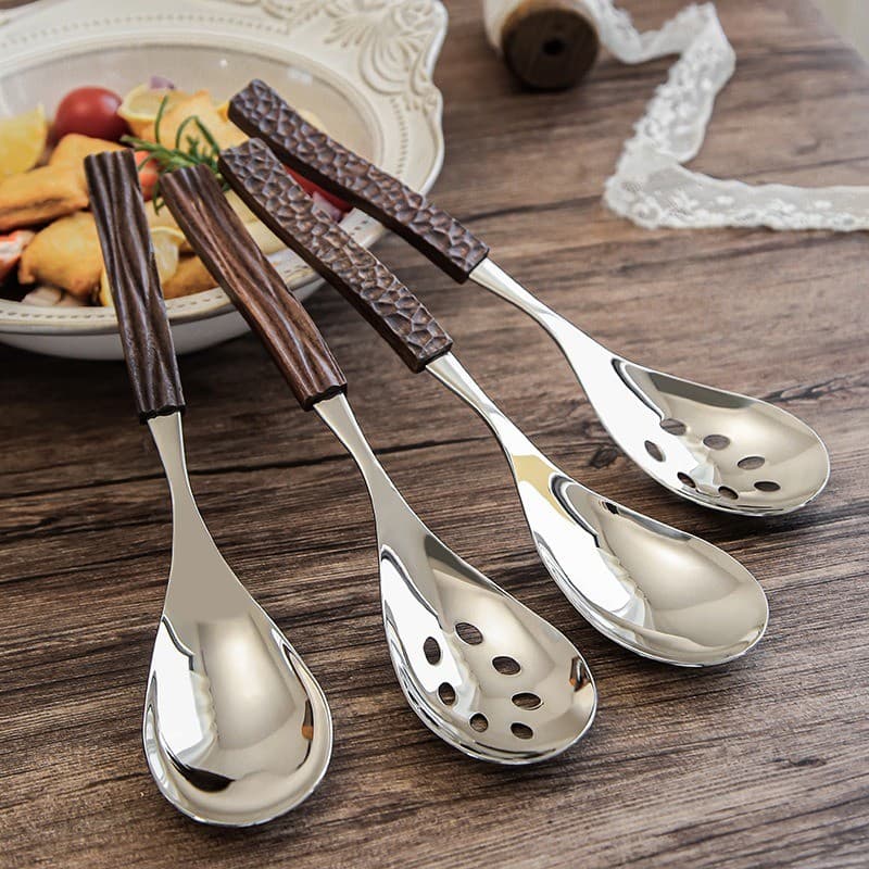 Colher De Servir De Aço Inoxidável 304 Premium Com Fenda Conjunto De Utensílios De Cozinha Cabo De Madeira De Nogueira