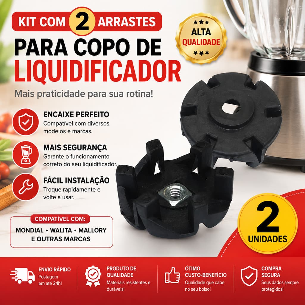 Kit 2 Arrastes para Copo de Liquidificador 6 Pontas – Compatível com Mondial, Walita, Mallory, Philco e Arno