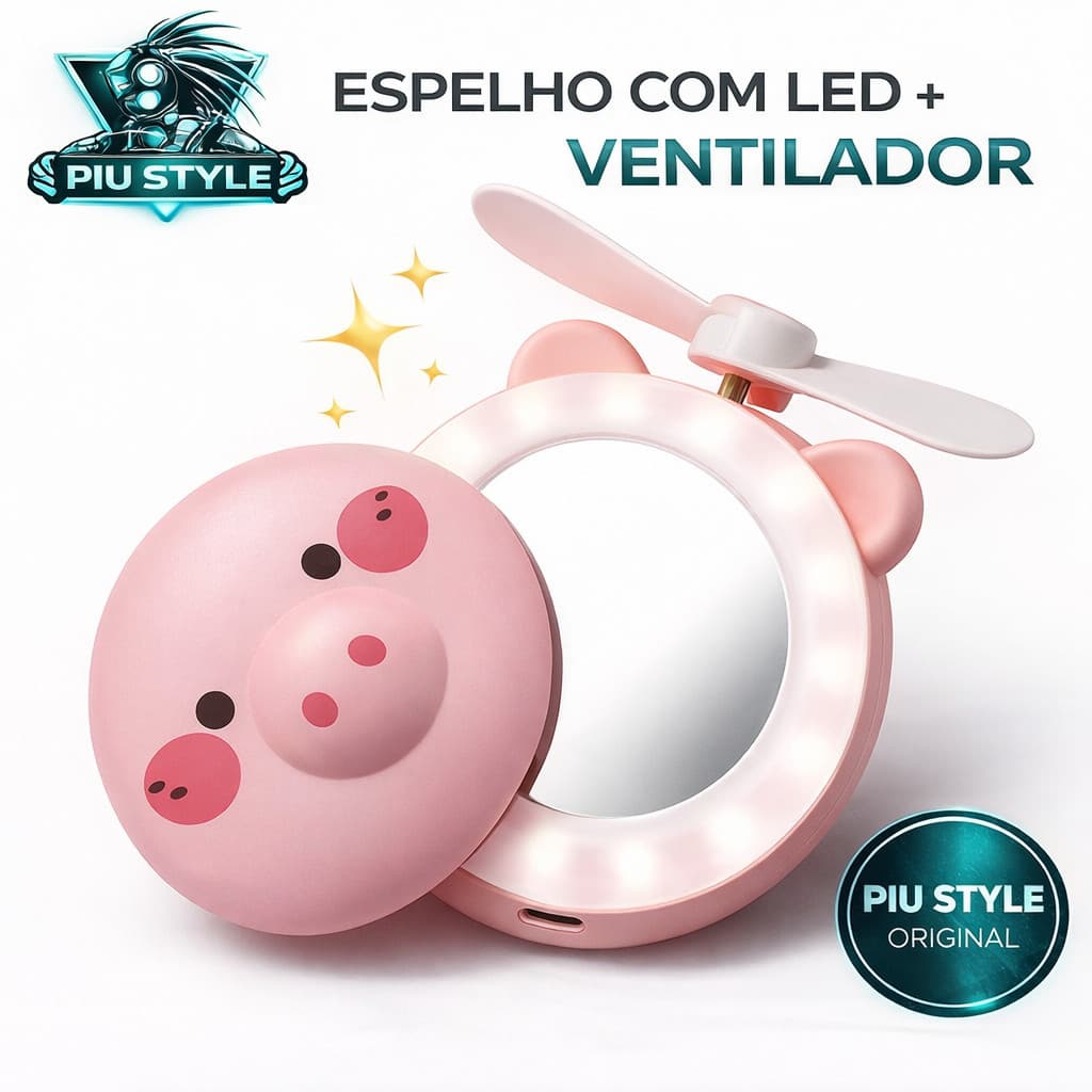Espelho com LED Ring Light e Ventilador Portátil Recarregável Maquiagem Rosa