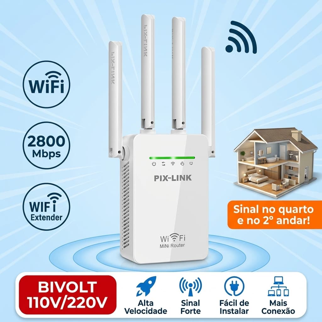 Repetidor Sinal Wifi Amplificador Pix-link 4 Antenas 2800mbps Extensor Longo Alcance Potente Roteador Sem Fio110Vand220V