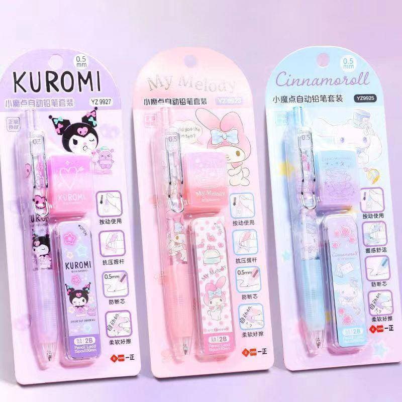 5 Estilos Kawaii Sanrio Mymelody Kuromi Cinnamoroll Pochacco Lápis Mecânicos Com Recargas De Borracha Conjunto De Automá