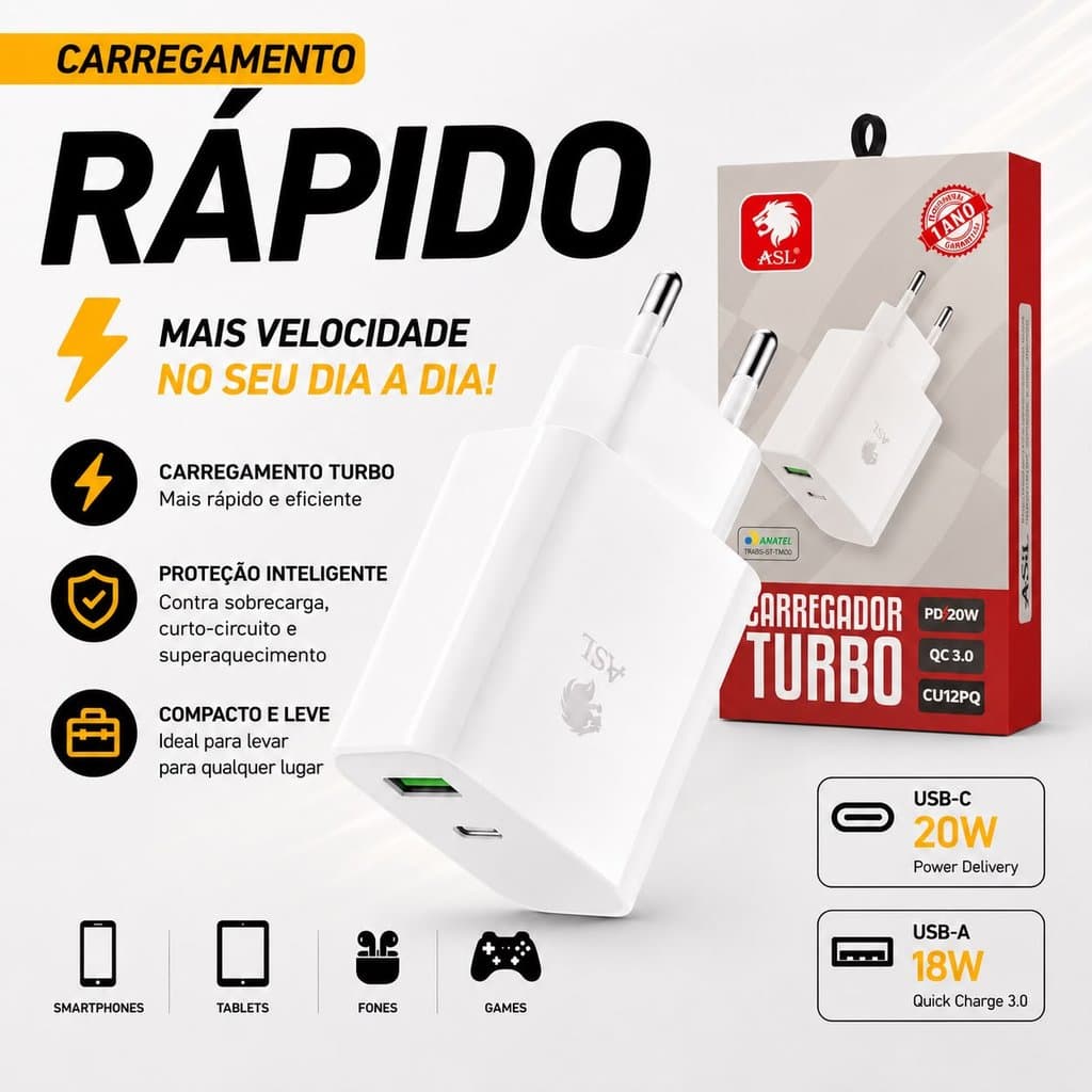 Carregador Turbo 2 Entradas USB-C e USB-A  PD20W +QC3.0 ASL CU12PQ