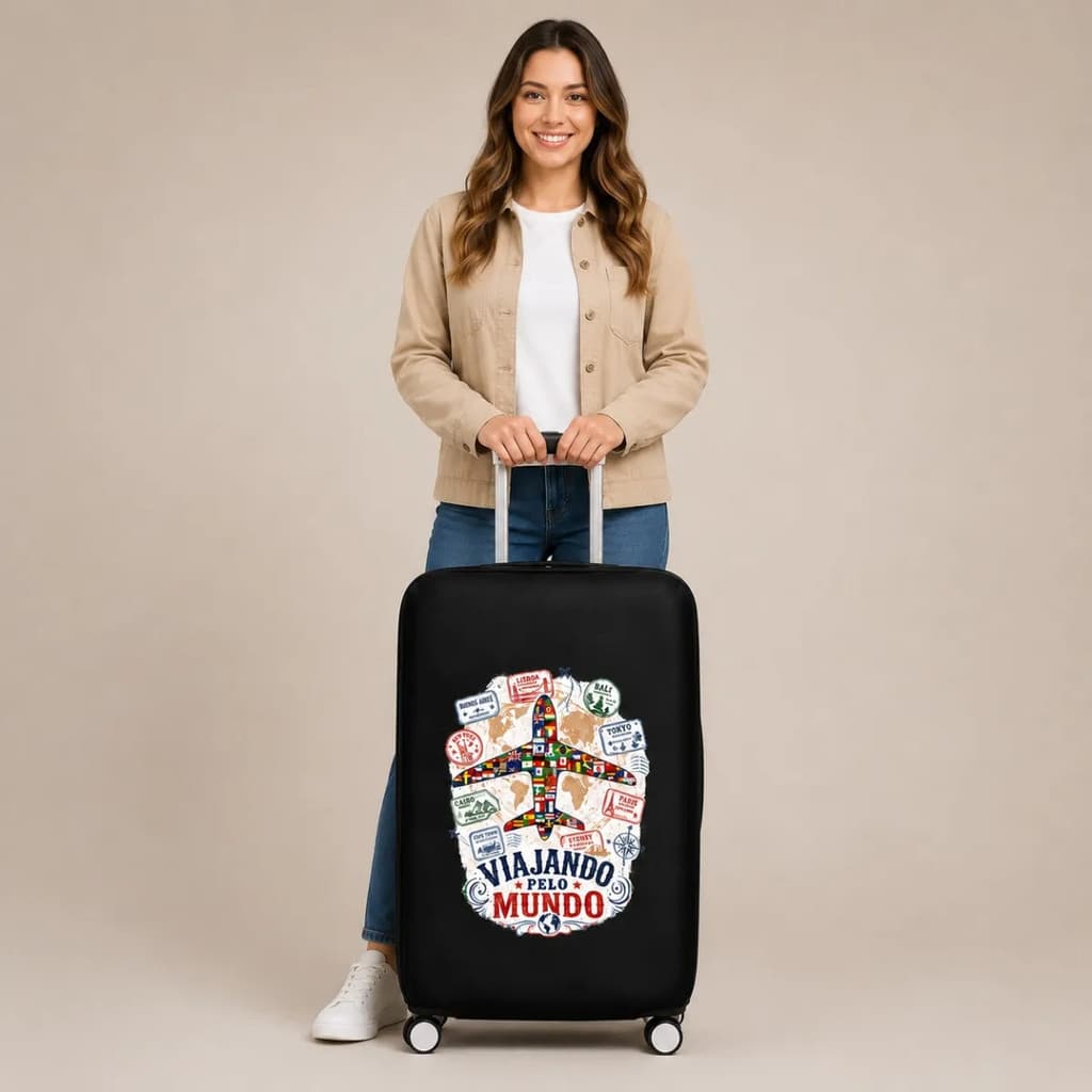 Capa Protetora Para Mala Viagem Estampa Viajando Pelo Mundo Em Tecido Elástico Ajustável Tamanhos P M G Fecho Clique Top
