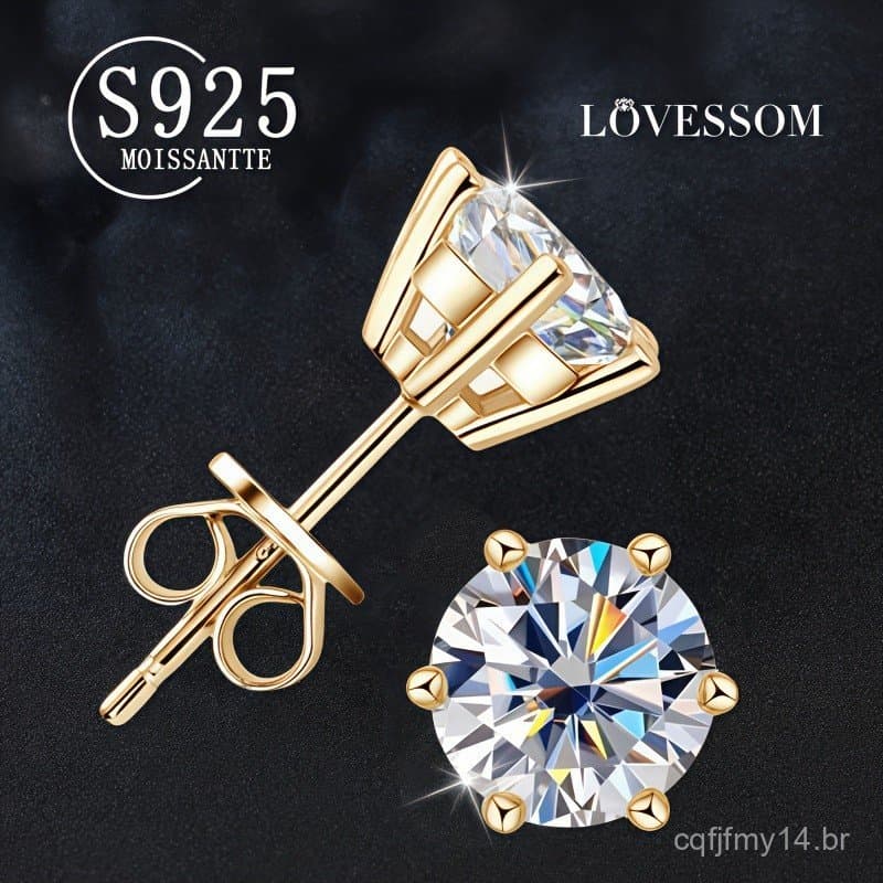 Um par de brincos de moissanite de 0,3 quilates / 0,5 quilates / 1 quilate / 2 quilates em prata esterlina 925 com seis