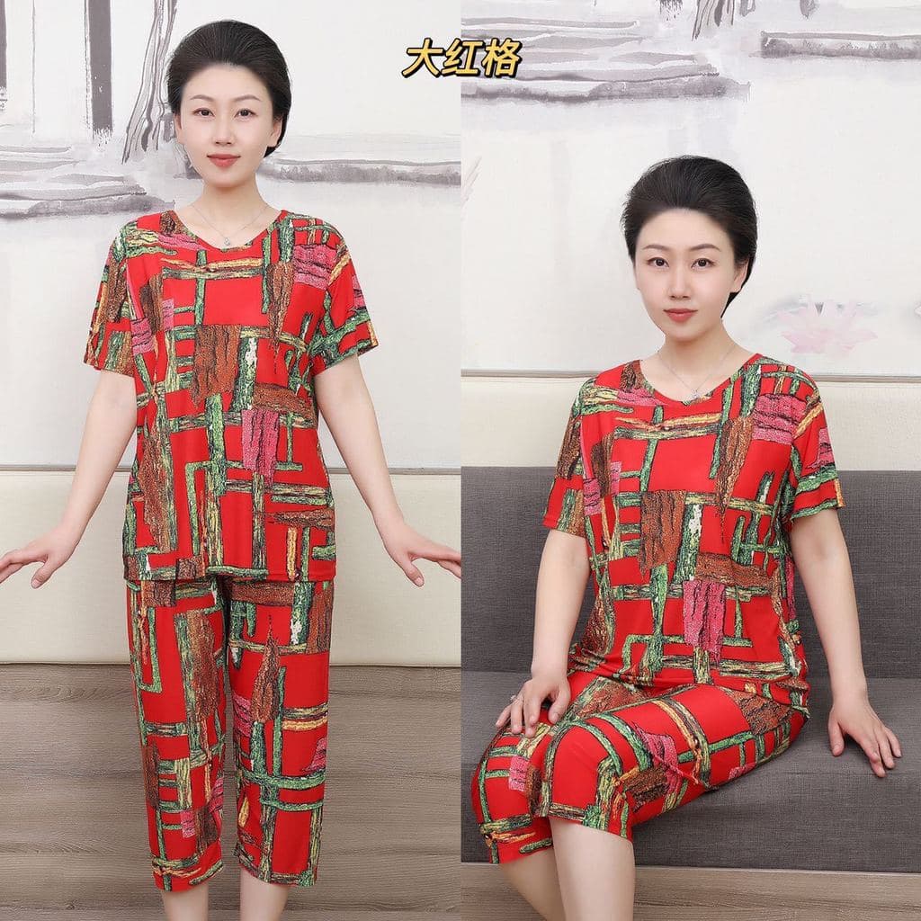 Roupas da mãe de seda gelo terno de manga curta senhoras avó roupas para idosos de meia-idade verão feminino Casual tern