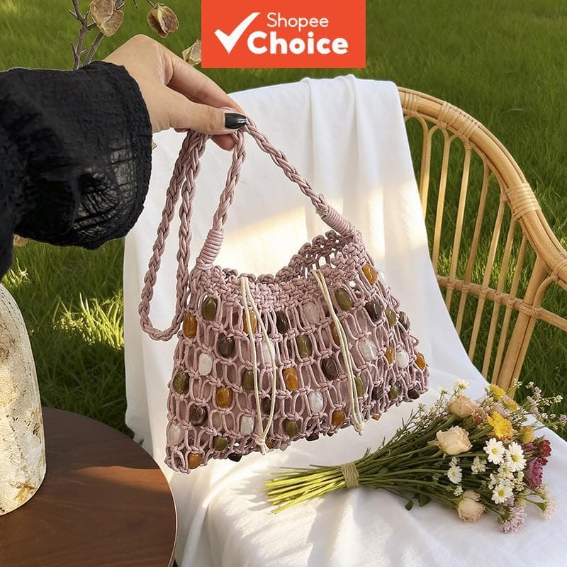 Bolsa Tiracolo Boho de Palha Mini com Miçangas, Trançada, Leve, Para Praia e Férias de Verão