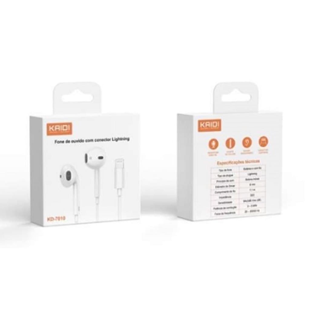 Fone De ouvido Entrada lightning Kaidi KD-7010 Controle De Volume e Chamadas - Branco