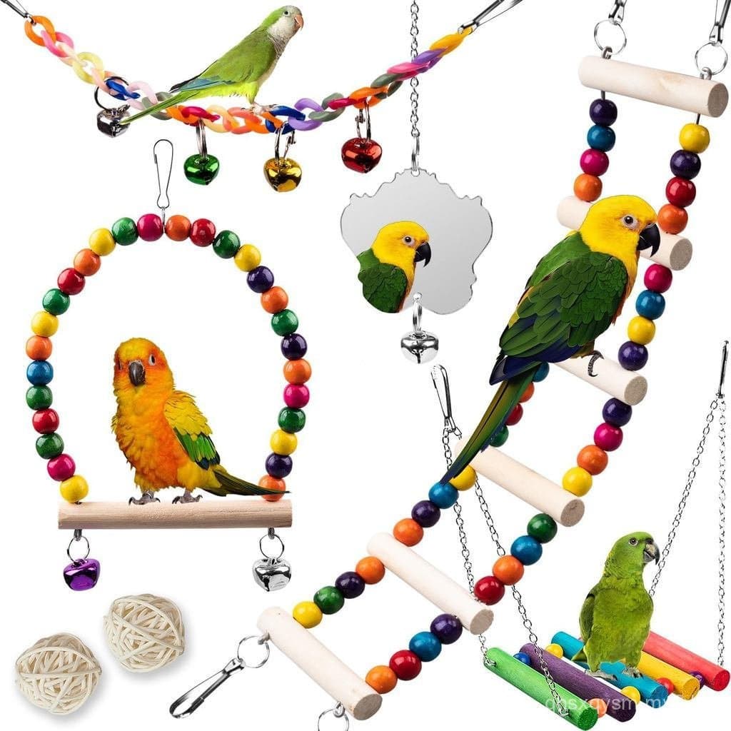 Conjunto de 7 peças de brinquedos para periquitos de cauda longa, acessórios de gaiola de madeira para papagaios, brinqu