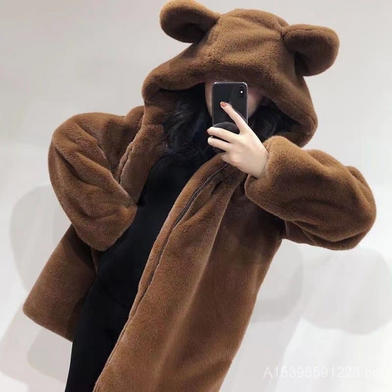 2026 novo moletom de orelha de urso transfronteiriço feminino bonito forro de lã solto grosso pelúcia jaqueta de comprim