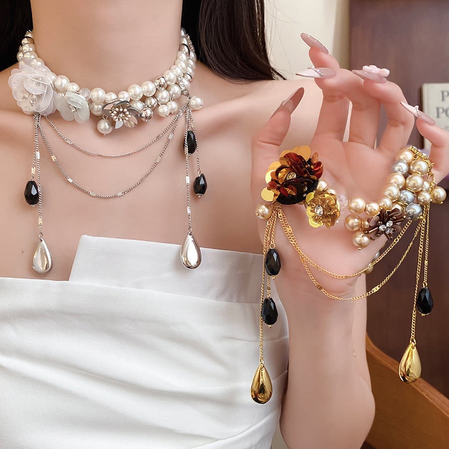1 Peça Corrente De Clavícula vintage Cravejada De Pérolas Com Flores De Diamante Estilo Tribunal