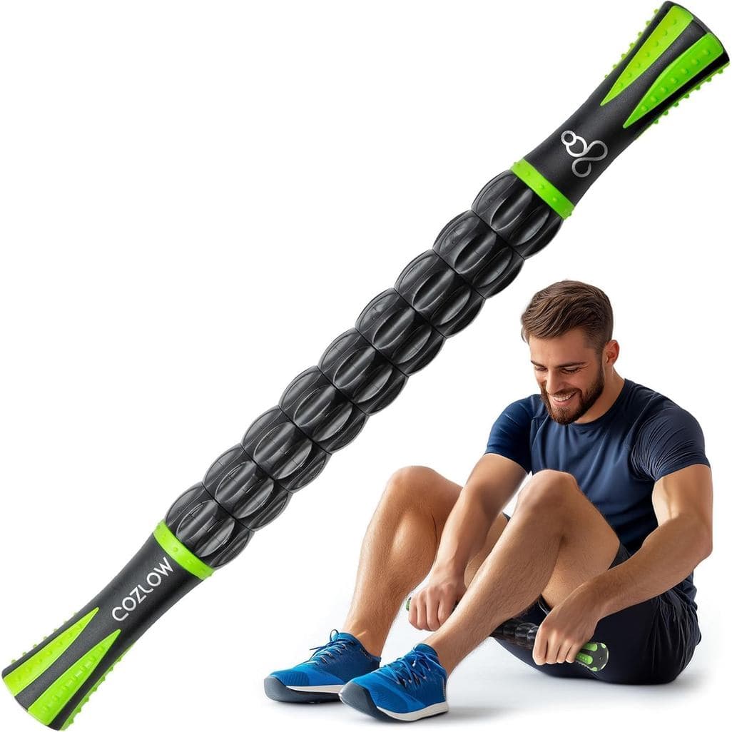 Bastão Massageador Muscular - Preto e Verde - Massageador Corporal Manual com 9 Rolos e Cabos Antiderrapantes - Massagem