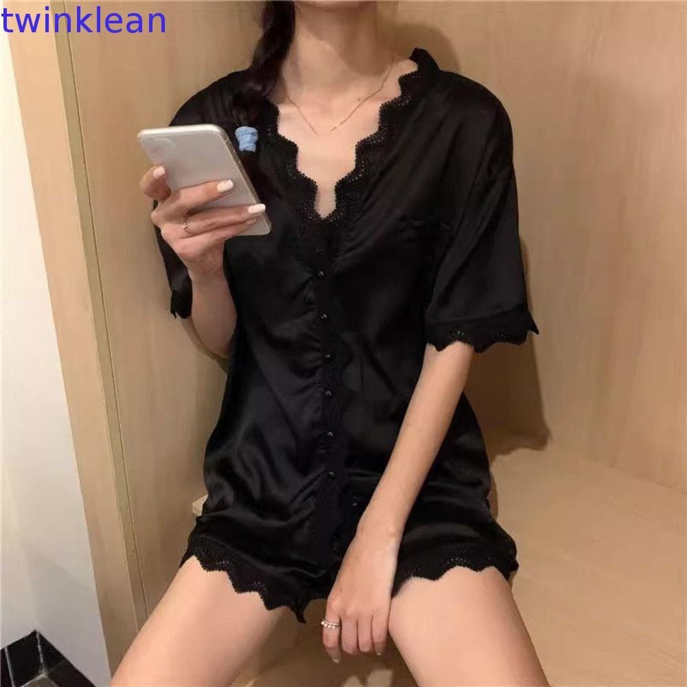 Conjunto de Pijama de Renda TWINKLEAN, Doce, Curto, de Seda Gelada, Decote em V, Conjunto de Pijama Solto de Duas Peças