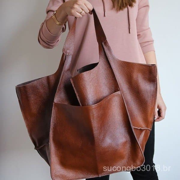 Bolsa grande de couro macio, estilo retro minimalista europeu e americano, com grande capacidade, portátil para usar no