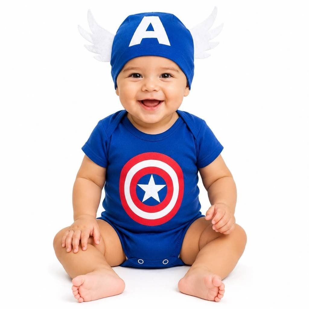 Body Bebê Capitão América Mesversário Temático Com Touca