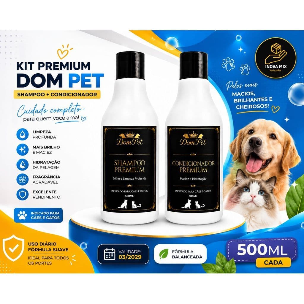 Kit Shampoo e Condicionador Pet Premium 500ml Cães Gatos Dom Pet Hidratante profissional
