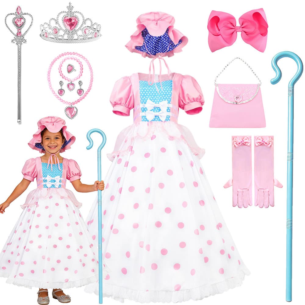 Festa De Halloween Meninas Pastora Cosplay Traje Manga Puff Rosa Vintage Bolinhas Vestido Longo Aniversário Princesa Ves