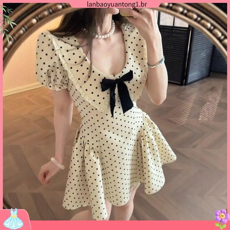 Miu série filha estilo arco de manga curta Polka Dot vestido feminino verão novo estilo cintura estreita chique linda sa