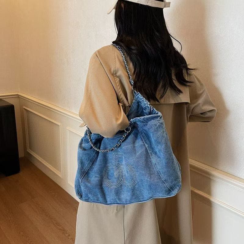 Sacola De Corrente Jeans Estilo Preguiçoso , Bolsa De Axila De Ombro Único De Grande Capacidade