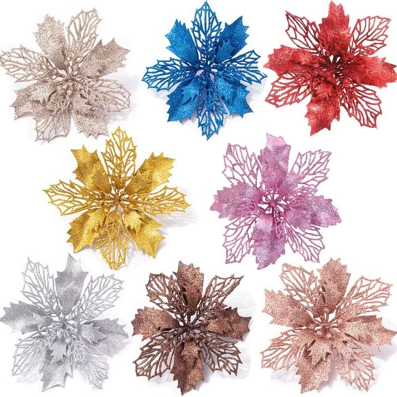 5 Pçs Flores De Natal Vermelho Glitter Em Pó Cabeças De Para Noel Casa Árvore Ornamentos Navidad Festa Mesa Configuração