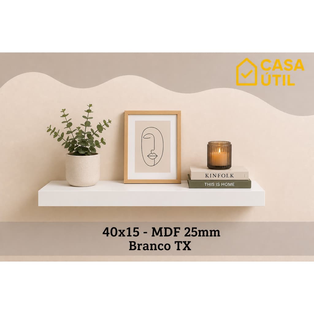 Prateleira Flutuante 40x15 cm MDF 25mm Branca com Suporte Invisível Sala, Cozinha e Quarto