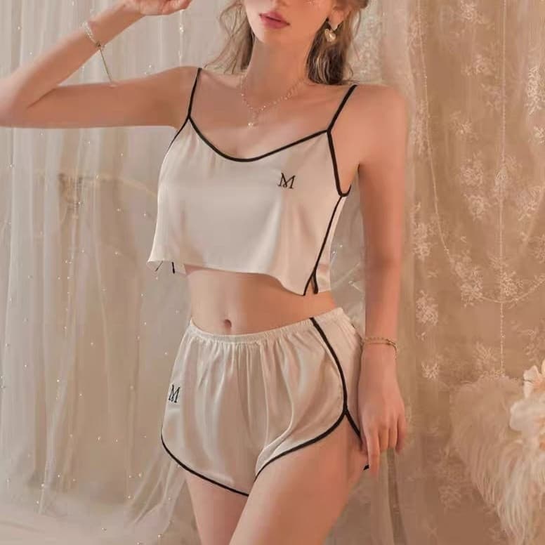 Conjunto De Pijama Feminino De Cetim Com Alça Espaguete , Top Cami + Shorts , Roupa De Dormir Bordada Letras