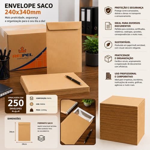 Pacote Envelopes Pardos 240x340mm 250 Unidades Envio Protecao Organizacao Eficiente