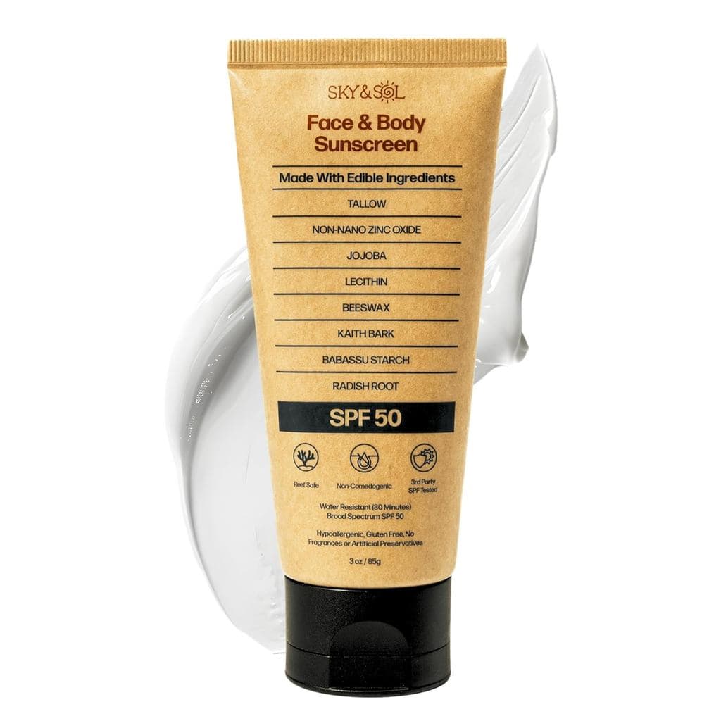 Protetor Solar Mineral Sky and Sol SPF 50 |   Com sebo de animais alimentados a pasto e óxido de zinco |   Fórmula não o