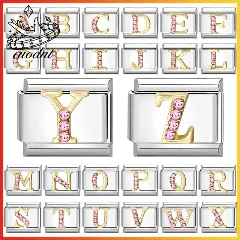 26 Diamante Rosa Letras Inglesas Pulseira Italiana Ajuste 9mm De Aço Inoxidável Jóias Fazendo Acessórios DIY Retro Perso