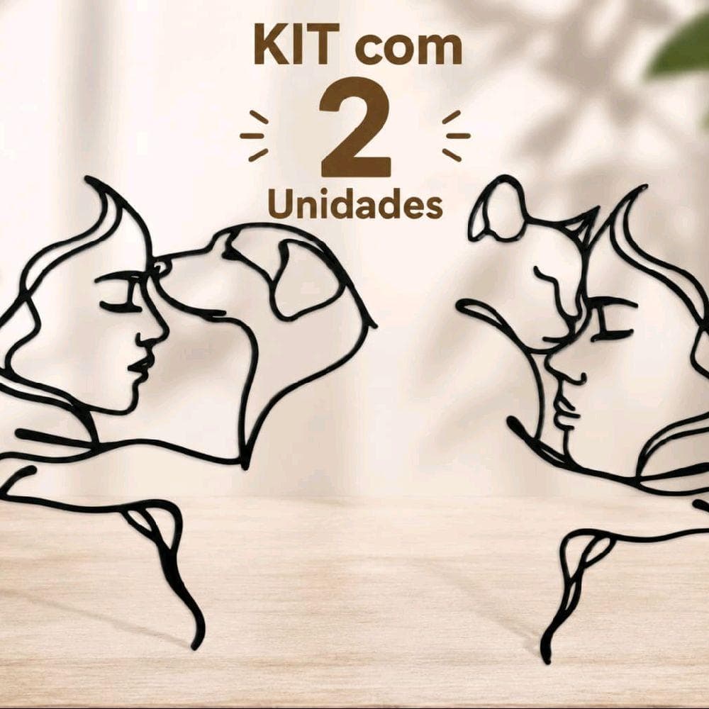 Kit Cachorro e Gato 3D Decoração Minimalista em Linha Contínua Escultura Moderna 3 Cores