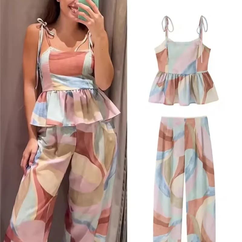 Conjunto Feminino Estampado Novo Verão 2026, 2 Peças: Top de Alças com Acabamento em Renda e Calças de Cintura Média de