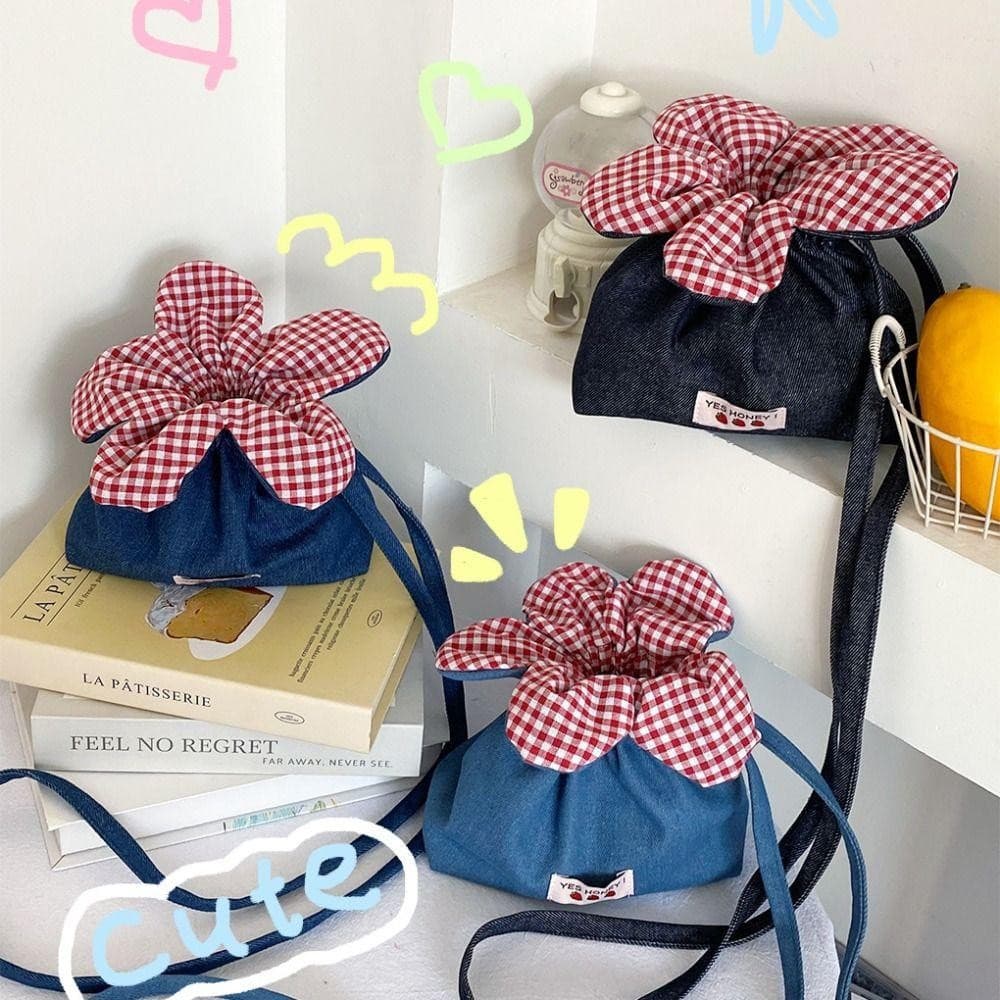 Bolsa floral , bolsa de armazenamento com cordão xadrez, bolsa portátil para celular estilo coreano
