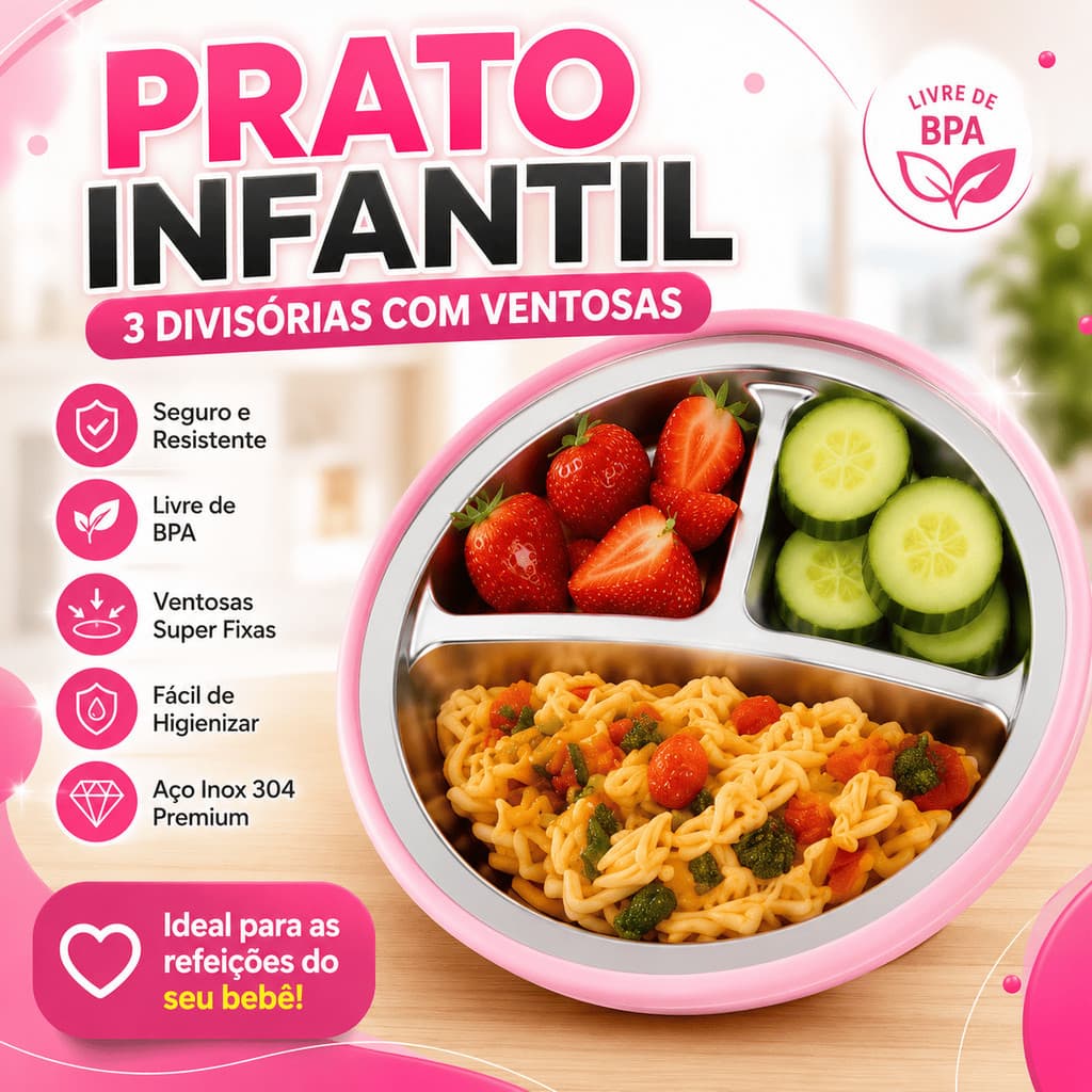 Prato Bebê Infantil Criança 3 Divisórias Inox Silicone Ventosas Alimentação  Aprendizado Ventosa Sucção Livre BPA