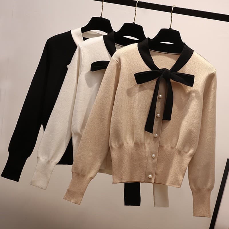 Outono nova versão roupas femininas Bowknot falso Cardigan malhas femininas de manga comprida de cintura alta exterior j
