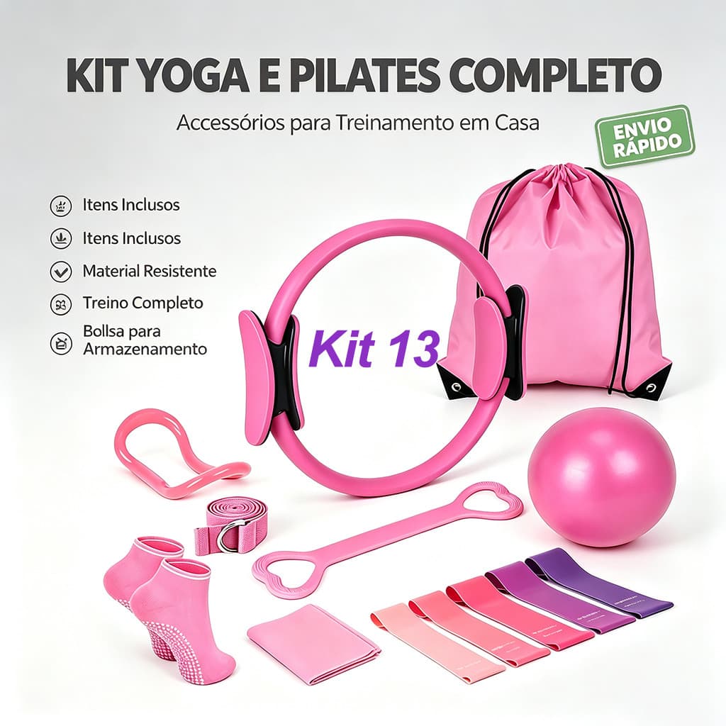 Kit 13 Yoga e Pilates Completo, Acessórios para Treinamento em Casa, Anel de Pilates, Faixas Elásticas, Bola de Yoga