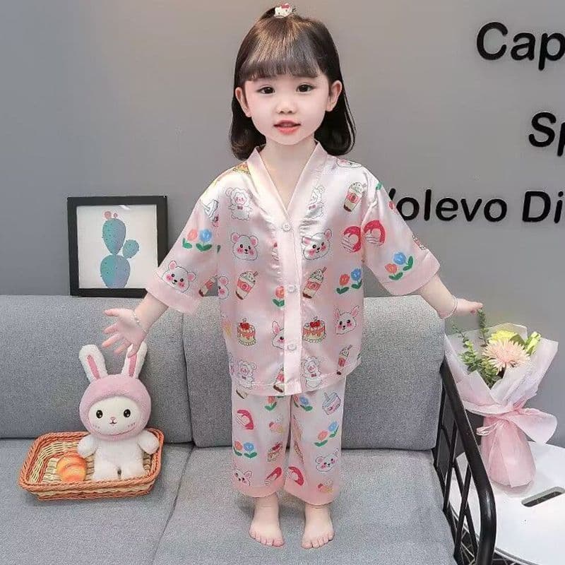 [Novo produto] pijamas meninas crianças verão estilo fino seda gelo manga curta Cardigan calças roupas para casa do bebê